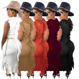 Toloer New Women's Casual And Versatile Pure Color Knitting Sleeveless Tassel Dress-Outfit