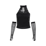 Summer 2024 New Dark Temperament Hot Girl Hanging Neck Fishing Net Vest-Girl With Sleeves-Outfit