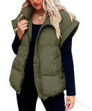 2024 New Women's Solid Color Zip Pocket Cotton-Padded Jacket Vest Fashion Standing Collar Temperament Commuter Coat-Outfit