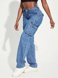 New Retro Mid-Rise Multi-Pocket Workwear Jeans Women's Casual Straight