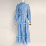 Casual Dress For Women Stand Collar Long Sleeve High Waist Ruffle Trim Solid Midi Dresses Female Spring Clothes