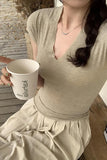 Version Of Ins Grey Slim V-Collar Short-Sleeved T-Shirt Women's Spring And Summer New Casual Fashion Blouse-Outfit