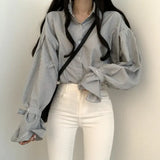 The Spring Of 2025, The New Korean Version Of The College Style Design Is Loose And Small Lantern Sleeve Striped Shirt Shirt For
