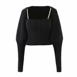 Beige Knitted Women's Suit Square Collar Sleeveless Top Bishop Long Sleeve Cardigan Two Piece Set Women