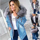 Hooded Big Hair Collar Denim Jacket Fashion Casual Warm Medium Long Hole To Do The Old Coat