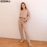 2 Pieces Set Women oversize Tracksuit polo collar Sweater Pullover straight pants Sweater Set CHIC Knitted Outwear sweater
