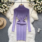 Sheath Women Dress Fashion Turtleneck Long Sleeve A Line Bodycon Dress Female Solid Streetwear Knitted
