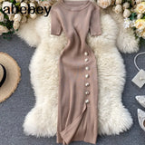 Solid Korean Vintage High Waist Women Dress Bodycon Sexy Stretch Knitted 2022 Summer Dresses Chic