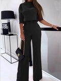 2 Pieces Sets Elegant T Shirts Half Sleeve And Wide Leg Pant Outfits Women Solid 2 Pant Sets For Women Casual Fashion-Outfit