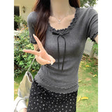 Double-layer Bow Patchwork Short sleeve Tee-Outfit