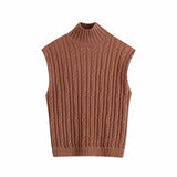 Ardm Za 2020 Women Fashion With Ribbed Trim Cable-knit Sweater Vest Vintage High Neck Sleeveless Twist Female Waistcoat Chic