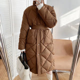 2022 Winter New Korean Style Long Cotton-padded Coat Women's Casual Stand-up Collar Argyle Pattern Oversized Parka Chic