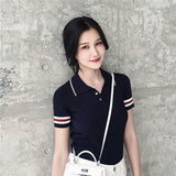 Blue Temperament T-Shirt Girl Summer New Ice Silk Slimming Chic Retro Collar Short Sleeve