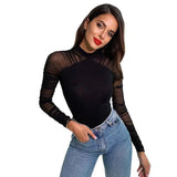 Toloer High Round Collar Mesh Stitching Long Sleeve Slim Solid Color Joined Female Support Board