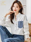 Han Queen New Denim Patchwork White Shirt Women Blouse Vintage Work Casual Tops Spring Autumn Elegant Loose Shirts And Blouses-Outfit