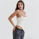 White Satin Pearl Tassel Corset Top-Outfit