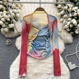 Girls Tie-Dye Mesh Jersey Long-Sleeved T-Shirt Girl Thin Perspective Temperament Fashion Folding