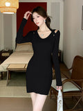 New Autumn 2024 V-Collar Hanging Neck Long-Sleeved Knitted Dress Shows A Slim Figure And A Bottom-Bagged Hip Dress.-Outfit