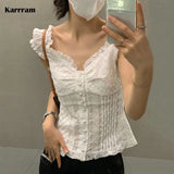 Korean Fashion Lace T-shirt Grunge Fairycore Corset Tops V-neck Patchwork Y2k Tops Kawaii Puff Sleeve Tee Shirt