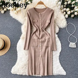 Women Knitted Pencil Dress Korean Long Sleeve Elastic Slim Dress Autumn Winter Sexy Bodycon Warm Sweater