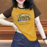 Clothing Cotton T-shirt Women's 2023 Summer New Korean Edition Contrast Printed Round Neck Short Sleeve Fashion Tops-Outfit
