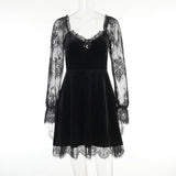 Dark Dress Lace Stitching Shows Chest Long-Sleeved Lotus Leaf Edge Waist Shows Thin Casual Dress-Outfit