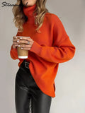 Split Warm Turtleneck Pullover Sweater Women Oversize Winter Top Soft Basic Green Oversized Sweater For Women