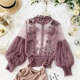Women Tops Fashion Sexy Sheer Lace Blouse Lantern Sleeve 3D Floral Blouses Shirts Elegant Top Blusas