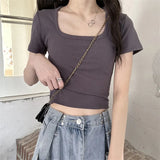 Toloer Short T-Shirt Female Solid Color 2024 New High Waist Slim Show Thin Hot Girl All-Match Short-Sleeved Square Collar Top