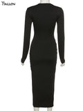 Autumn Crossed Cleavage Maxi Dress Women Concise Side Spilt Elegant Vestido Lady High Street Bodycon Slim Robe Skirt-Outfit