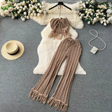 Toloer Seaside Vacation Set Women's Summer Knit Tassel Hanging Neck Top High-Waisted Hollowed-Out Trousers Two-Piece