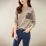 Toloer Round Collar Stripe Cashmere Knit Sweater Female Qiu Dong New Style Korean Version Temperament Loose Joker Bottom Unlined Upper Garment-Outfit