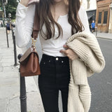 2023 New Korean Version Half-Open-Collar Careful Machine Blouse Threaded Solid Color Long-Sleeved T-Shirt-Outfit