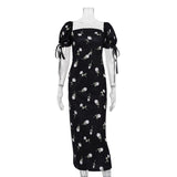 Toloer Women's Wear 2023 New Summer Holiday Style Dress Floral Bubble Sleeve One Word Collar Slim Fashion Dress-Outfit