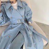Autumn Winter Elegant Double Breasted Women Long Trench Coats Long Sleeve Loose Belted Split Female Blue