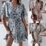 Leisure Short Sleeve V-Neck Crum Striped Lotus Leaf-Side Dress Women's