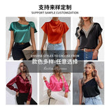 Satin Shirt Satin Imitation Silk Long-Sleeved Pure Color Elegant Button Front Lapel Shirt-Outfit