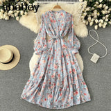 Fashion Summer Maxi Dress Women's Printed Sundress Casual Long Sleeve Vestidos Female High Waist Robe