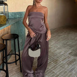 Women's Y2K Satin 2Piece Outfits Bandage Lace-up Backless Bandeau Tops+ Wide Leg Pants Set Streetwear Aesthetic Suits-Outfit
