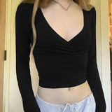 Solid Color Large V-Neck Cross-Bottomed Blouse Hot Girl Sexy Short Navel Tight Long-Sleeved T-Shirt Woman-Outfit