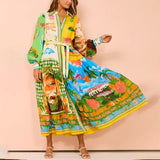 Toloer Women's Temperament Print Lantern Sleeve Belt Shirt Big Hem Dress