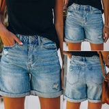 Autumn And Winter Women's Casual Hole Water Wash Denim Shorts Straight Trousers Tide