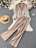 Plaid Knitted Two Pieces Suit Women Loose Knit Cardigan +Wide Leg Knitted Long Pant 2022 Winter OL Casual Sweater