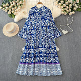 Light Extravagant Temperament Horn Long Sleeved V Collar Loose Thin Single Breasted Printed Dress Elegant Long Skirt-Outfit