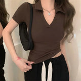 Polo Shirt Short Sleeve Straight Shoulder T-shirt Women New Short Tees Spicy Girls Design Sense Small People Slim Tops-Outfit