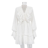 Toloer New Fashion V-Neck Pleated Horn Sleeve Flounce White Dress Spring Female Design Sense Fluffy Skirt-Outfit