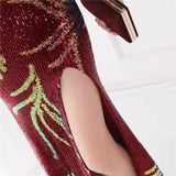 Winter Elegant Velvet With Sequins Deep V Neck Long Sleeve Slit Cocktail Eevening