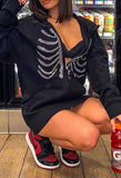 Rhinestone Skull Zipper Hoodie-Outfit