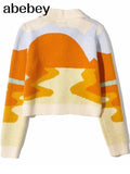 Embroidery Harajuku Knitted Single Breasted Cropped Cardigan Women Autumn Long Sleeve Turn Down Collar Sweater Coat