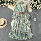 Collar Net Long-Sleeved Lotus Leaf Edge Printing Waist Fluffy Pendulum Dress Female Spring And Autumn Lantern Sleeve Cake Dress-Outfit